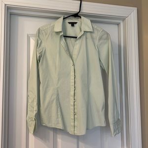 V neck button down striped light green and white shirt